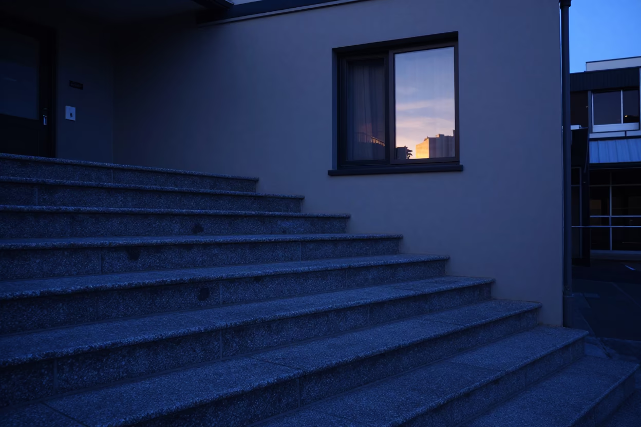 Early Morning Light on Adelaide Terrace Steps with Window Latch Reflection in in Adelaide, South Australia, Australia
