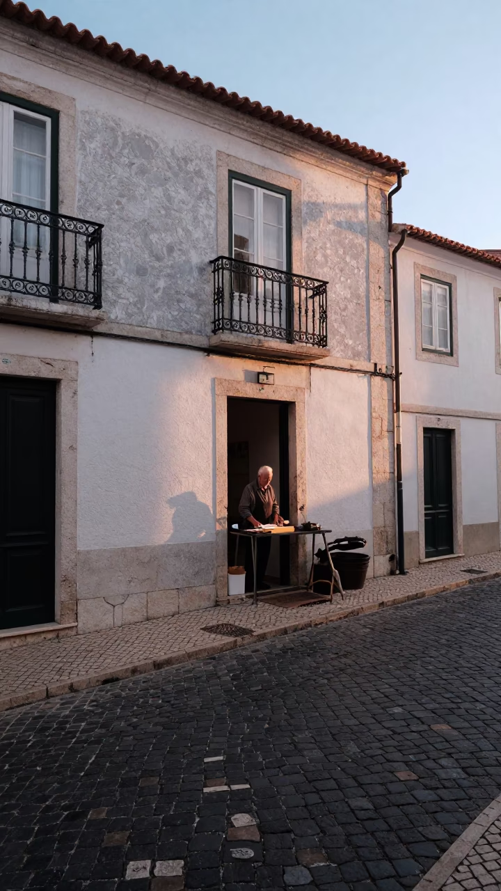 Early Morning Light on Alfama Cobblestones with Traditional Umbrella Maker and Bamboo Frame in in Lisbon, Portugal