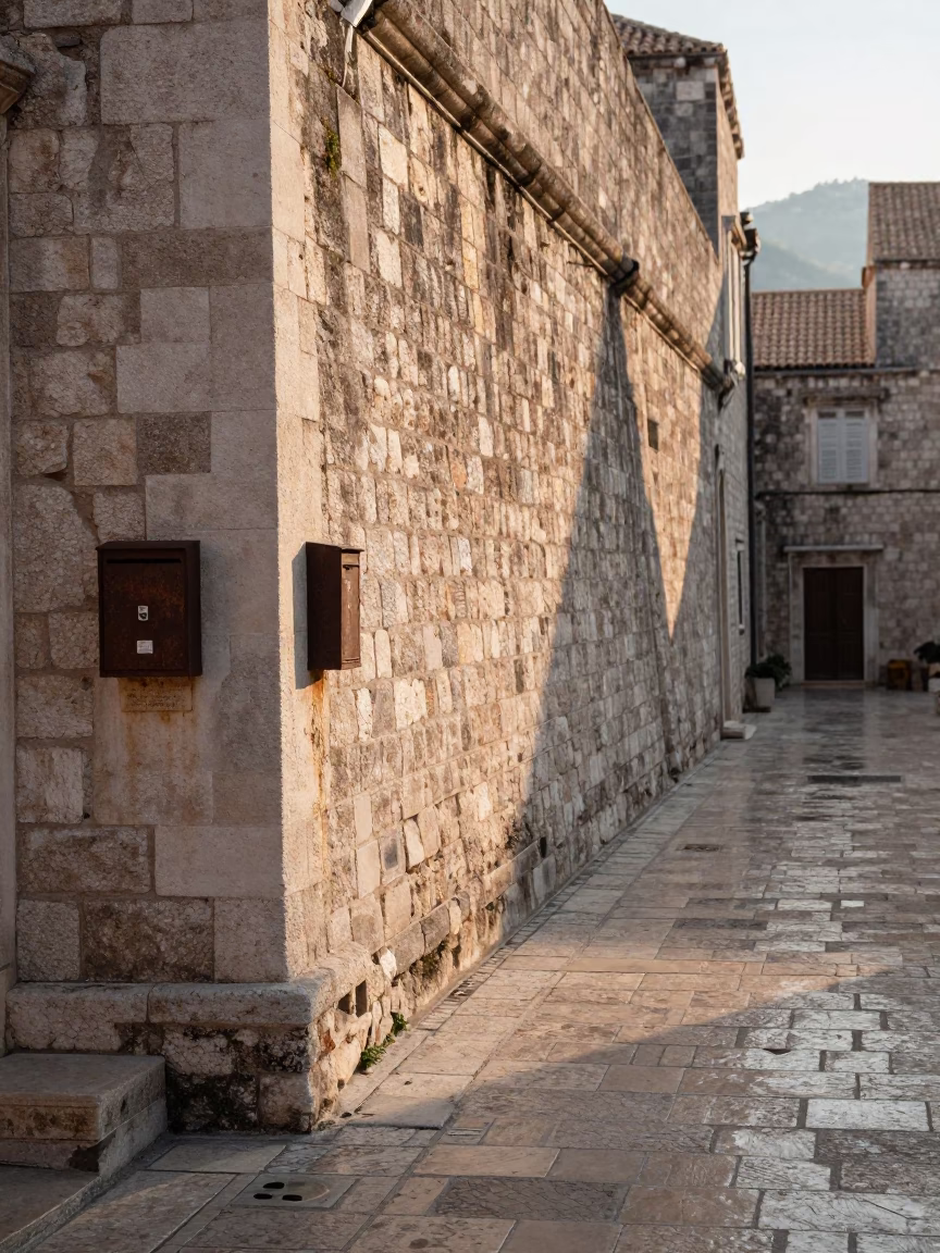 Early Morning Light on Ancient Dubrovnik Stone Walls with Local Mailbox Detail in in Dubrovnik, Croatia