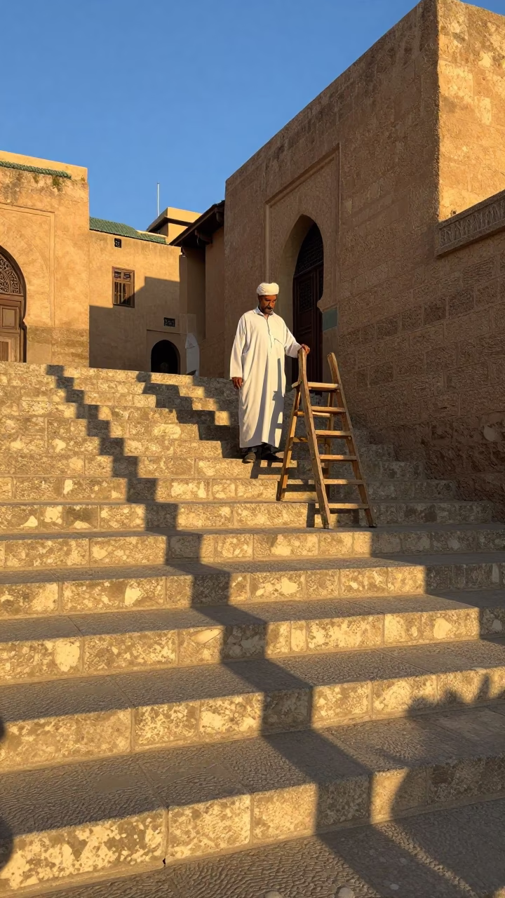 Early Morning Light on Ancient Fez Stone Steps and Traditional Moroccan Architecture in in Fez, Morocco