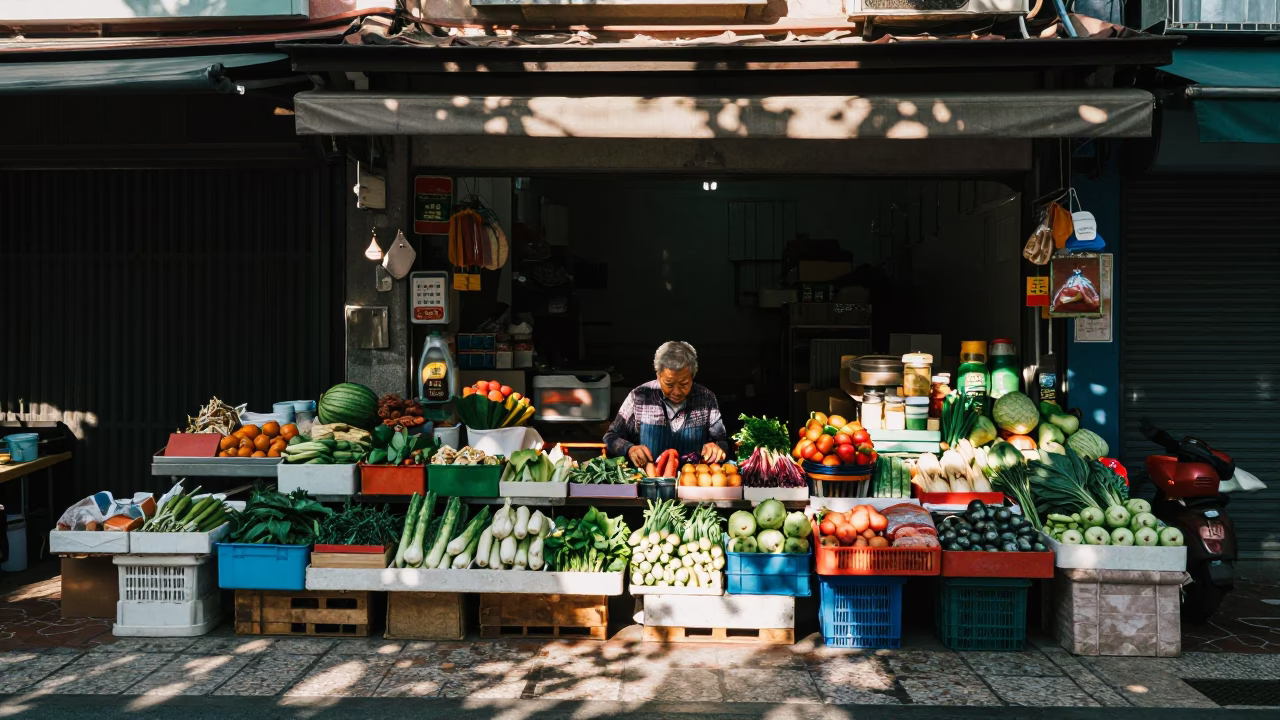 Early Morning Light on Arranging Produce in Tainan in in Tainan, Taiwan