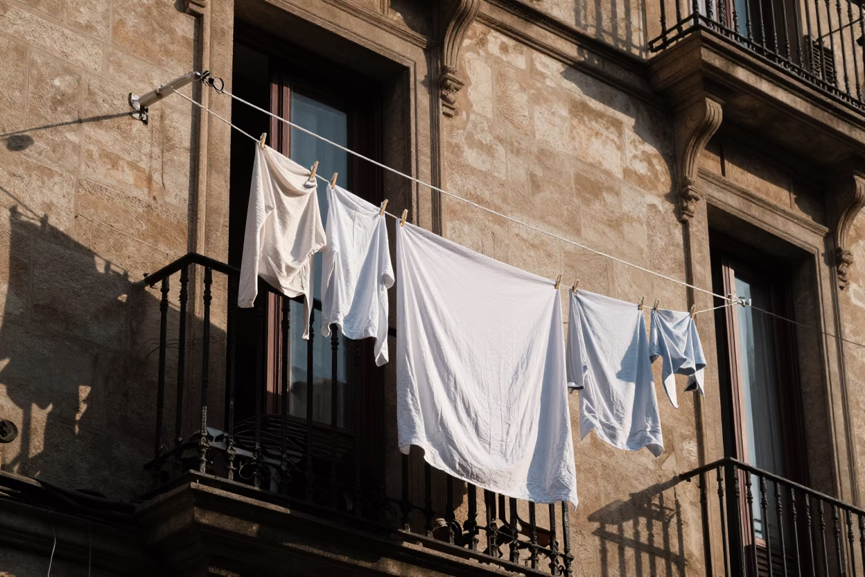 Early Morning Light on Barcelona Balcony with Drying Laundry and Fresh Melons in in Barcelona, Spain