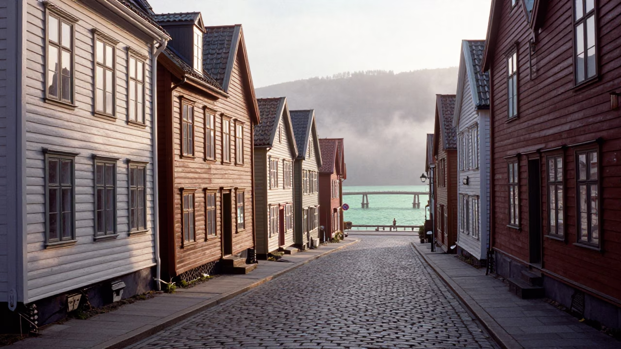 Early Morning Light on Bergen Norway Cobblestone Street with Hanging Bridge Maintenance Cradle in in Bergen, Norway