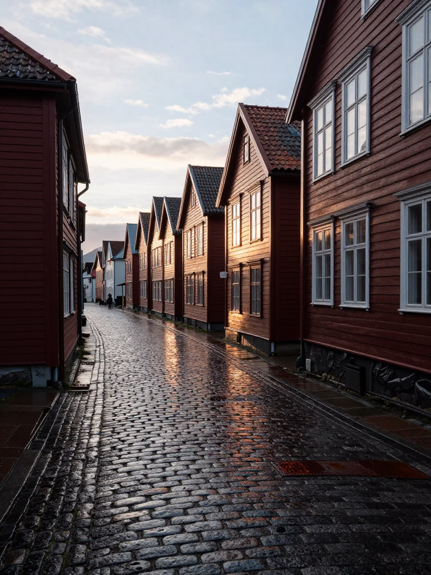 Early Morning Light on Bergen Norway Cobblestone Street with Rusty Doorframe in in Bergen, Norway