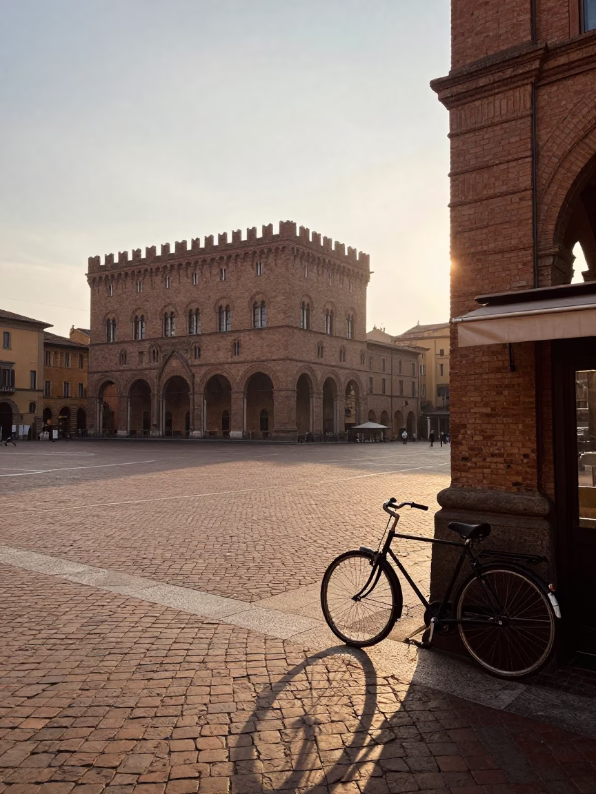 Early Morning Light on Bologna Piazza Maggiore with Vintage Bicycle and Historic Architecture in in Bologna, Italy