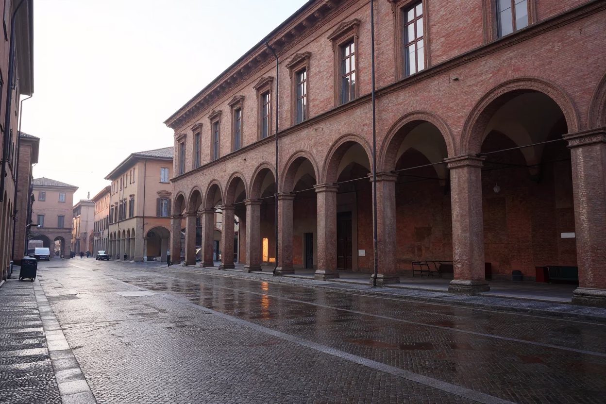 Early Morning Light on Bologna's Historic Porticoes and Cobblestone Streets in in Bologna, Italy