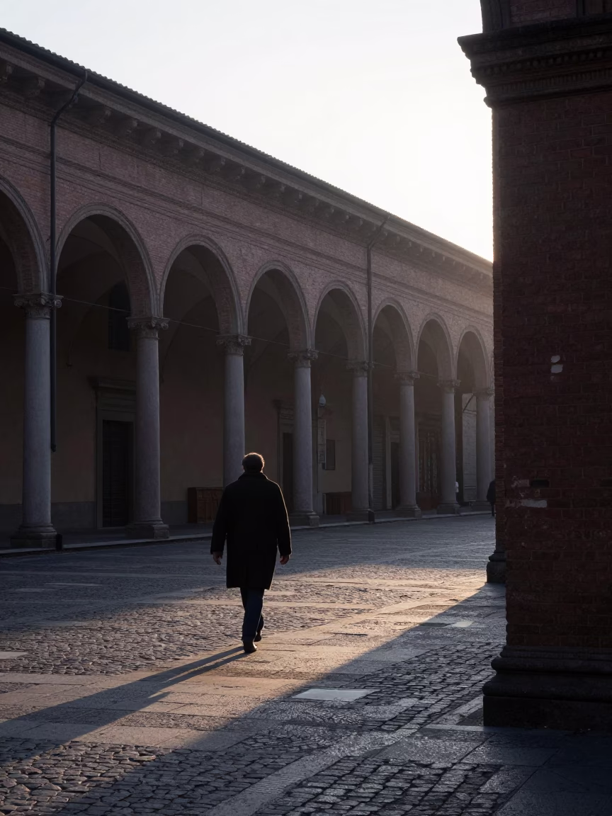 Early Morning Light on Bologna's Historic Porticoes Before Sunrise in in Bologna, Italy