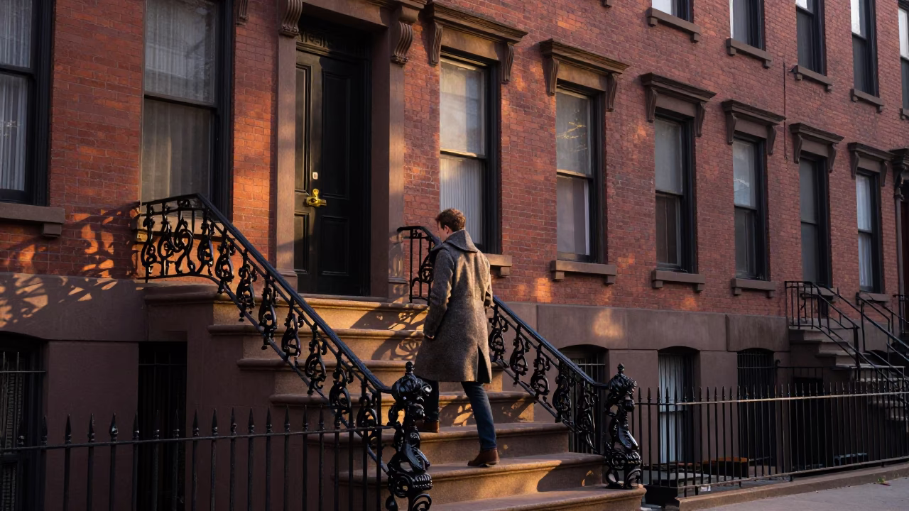 Early Morning Light on Boston Brownstone Street with Pedestrian and Wool Scarf in in Boston, Massachusetts, United States