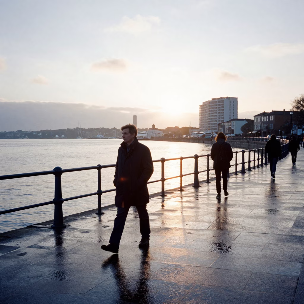 Early Morning Light on Bristol Harbour Waterside Pathway with Commuter and Metal Stools in in Bristol, United Kingdom