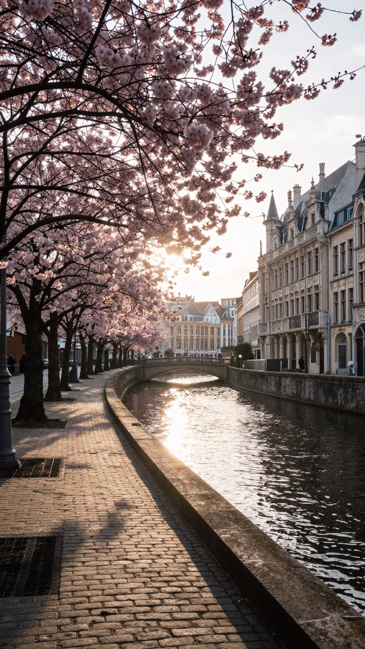 Early Morning Light on Brussels Canal with Cherry Blossoms and Kite Flyer in in Brussels, Belgium