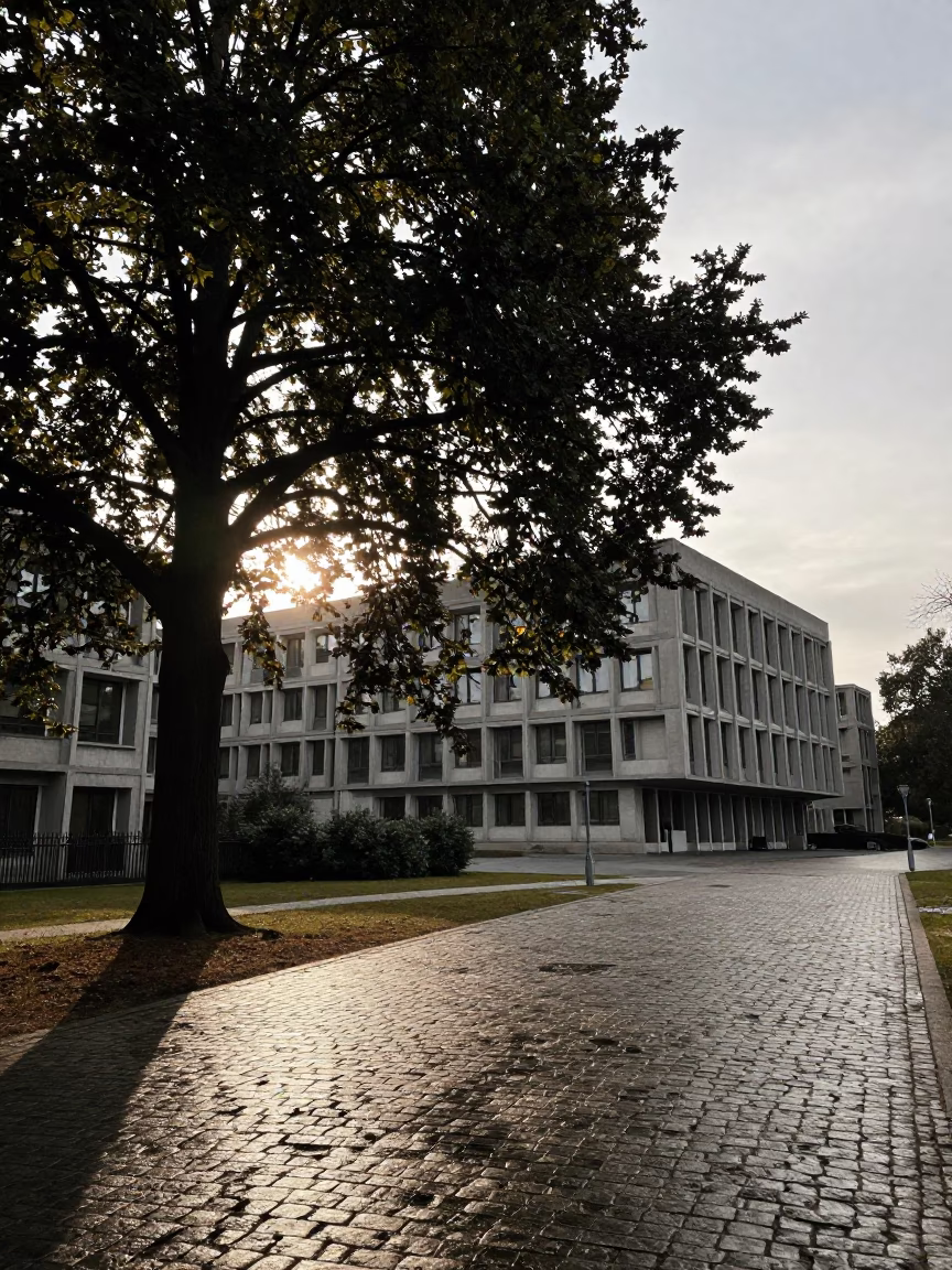 Early Morning Light on Brussels Cobblestones with Copper Beech and Concrete Brutalism in in Brussels, Belgium