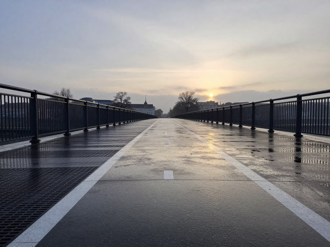 Early Morning Light on Brussels Drawbridge Deck Markings and Harbor Drizzle in in Brussels, Belgium