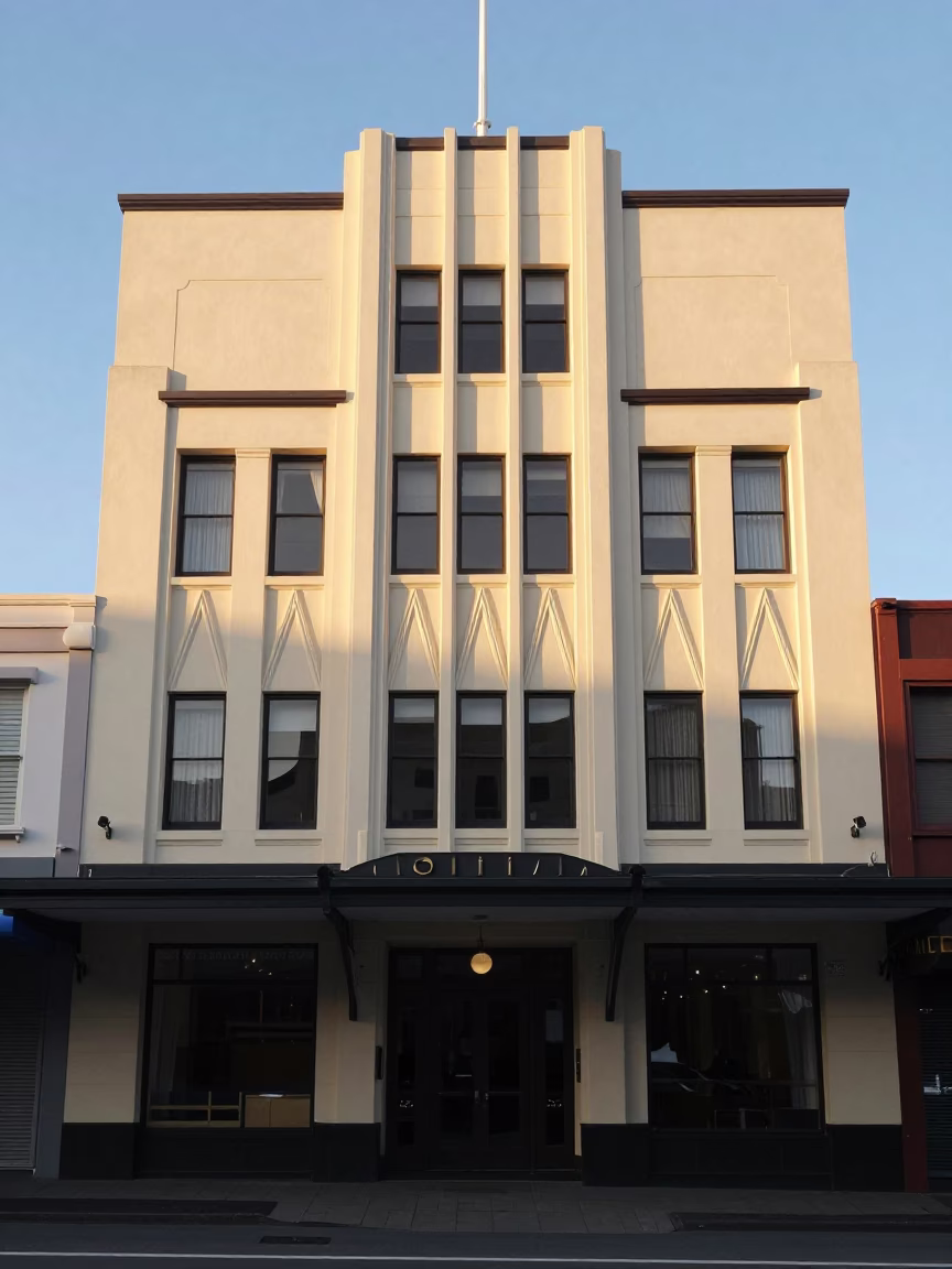 Early Morning Light on Christchurch Art Deco Facade with Rain Boots and Rake Heads in in Christchurch, New Zealand