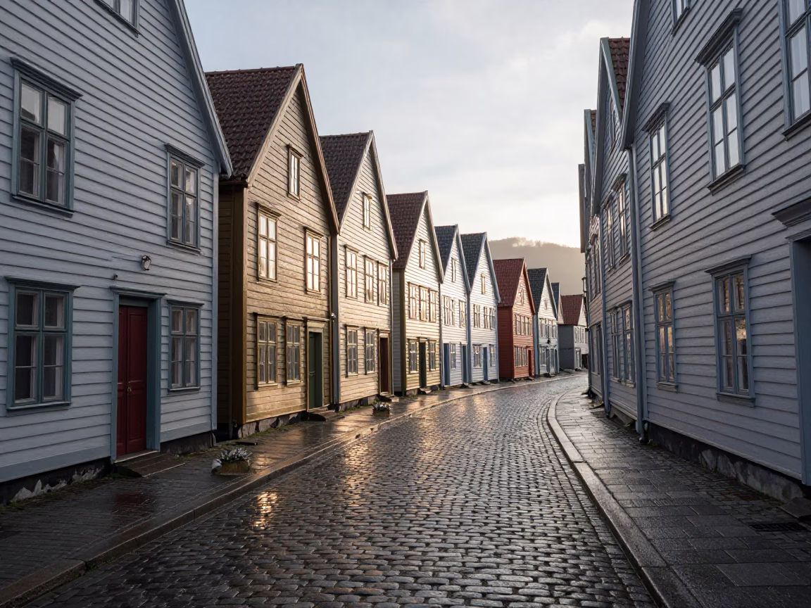 Early Morning Light on Cobblestone Streets of Bergen Norway Before Dawn in in Bergen, Norway