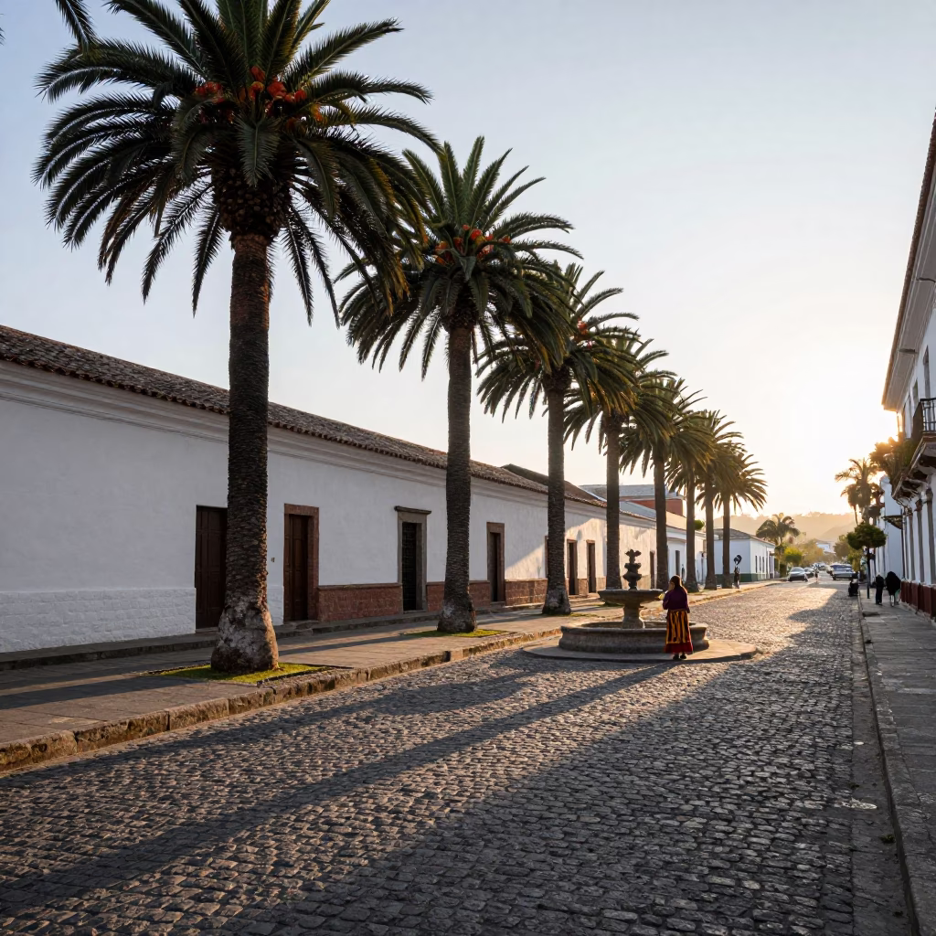 Early Morning Light on Colonial Quito Street with Palm Trees and Vintage Market Activity in in Quito, Ecuador