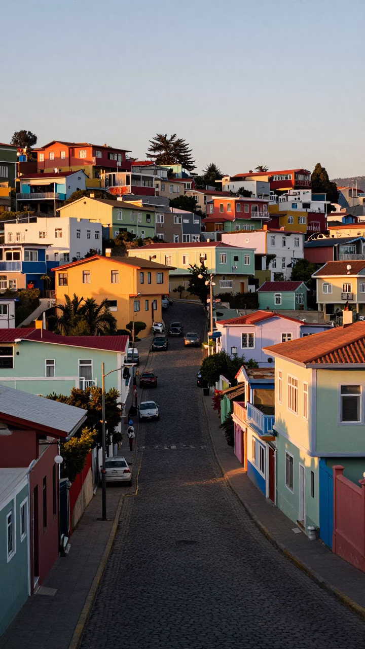 Early Morning Light on Colorful Valparaiso Hillside Street with Railway Viaduct and Steam Train in in Valparaiso, Chile