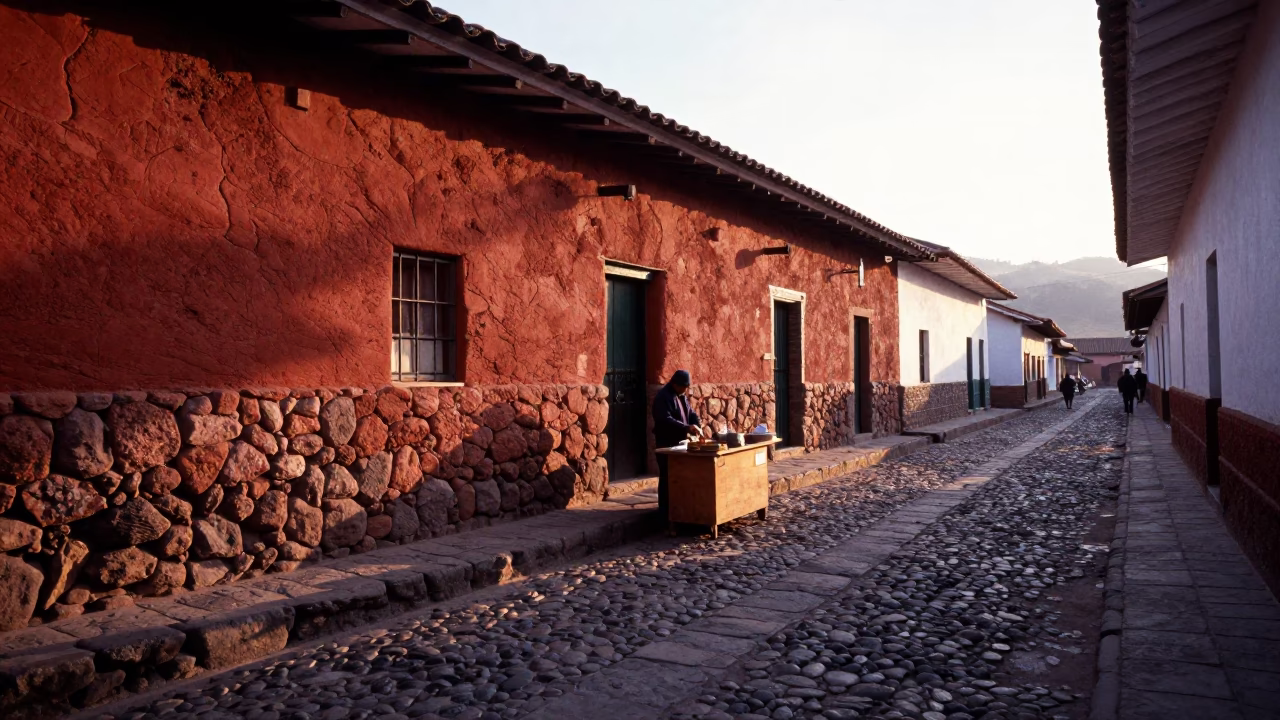 Early Morning Light on Cusco Cobblestone Street with Local Vendor and Glass Tumbler in in Cusco, Peru