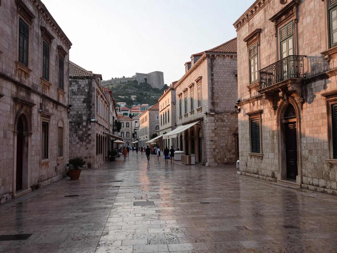 Early Morning Light on Dubrovnik Old Town Stone Streets and Ancient City Walls in in Dubrovnik, Croatia