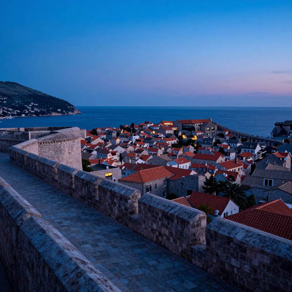 Early Morning Light on Dubrovnik Old Town Walls and Harbor at Nautical Dawn in in Dubrovnik, Croatia