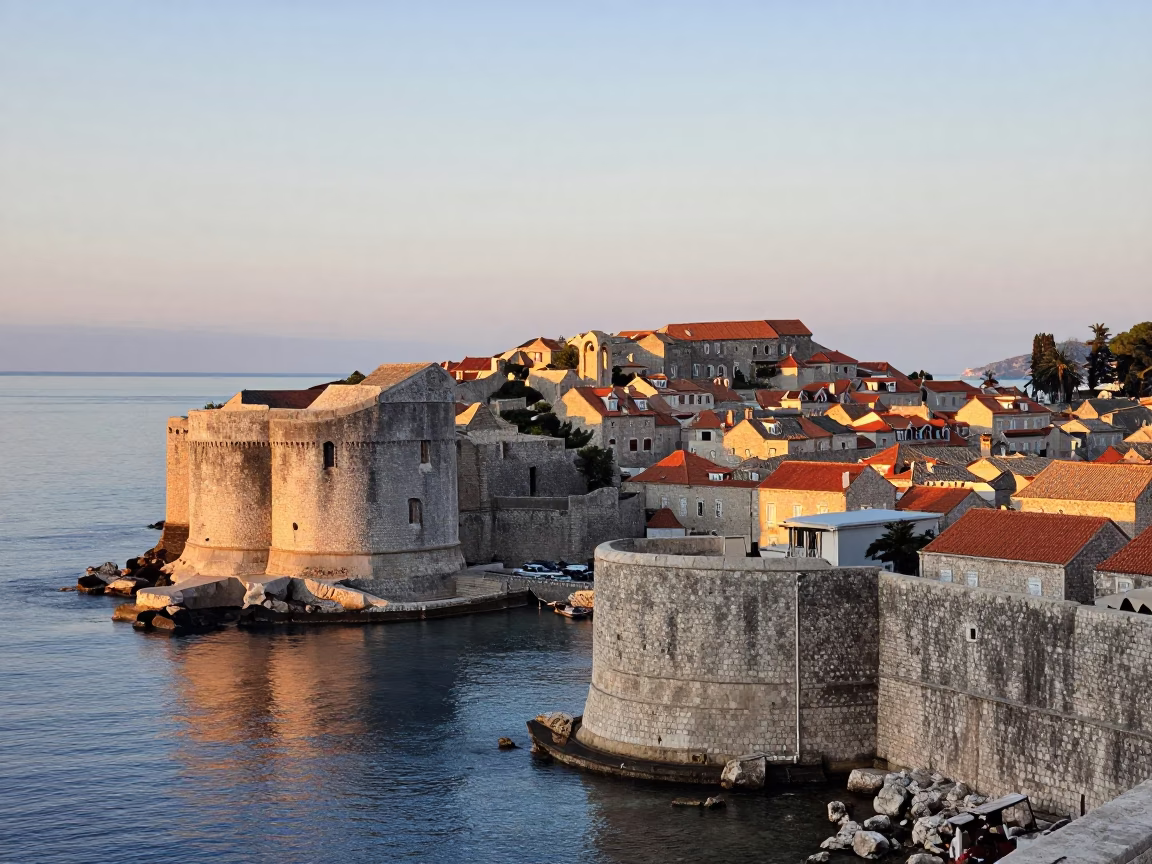 Early Morning Light on Dubrovnik Old Town Walls with Harbor View in in Dubrovnik, Croatia