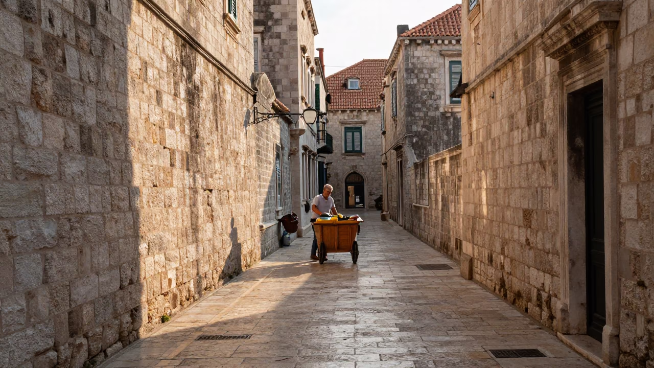 Early Morning Light on Dubrovnik Stone Walkway with Local Morning Coffee Ritual in in Dubrovnik, Croatia
