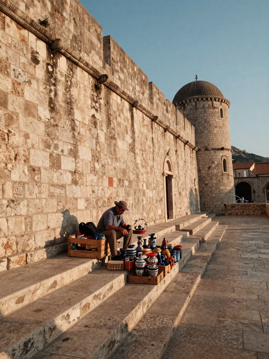 Early Morning Light on Dubrovnik Stone Walls with Vintage Majolica Plate in in Dubrovnik, Croatia