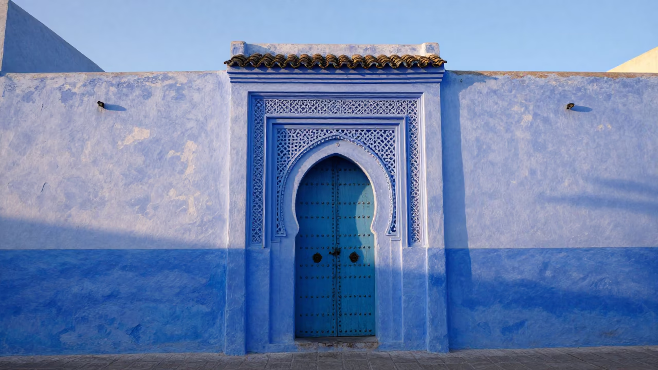 Early Morning Light on Essaouira Medina Walls and Blue Door in in Essaouira, Morocco