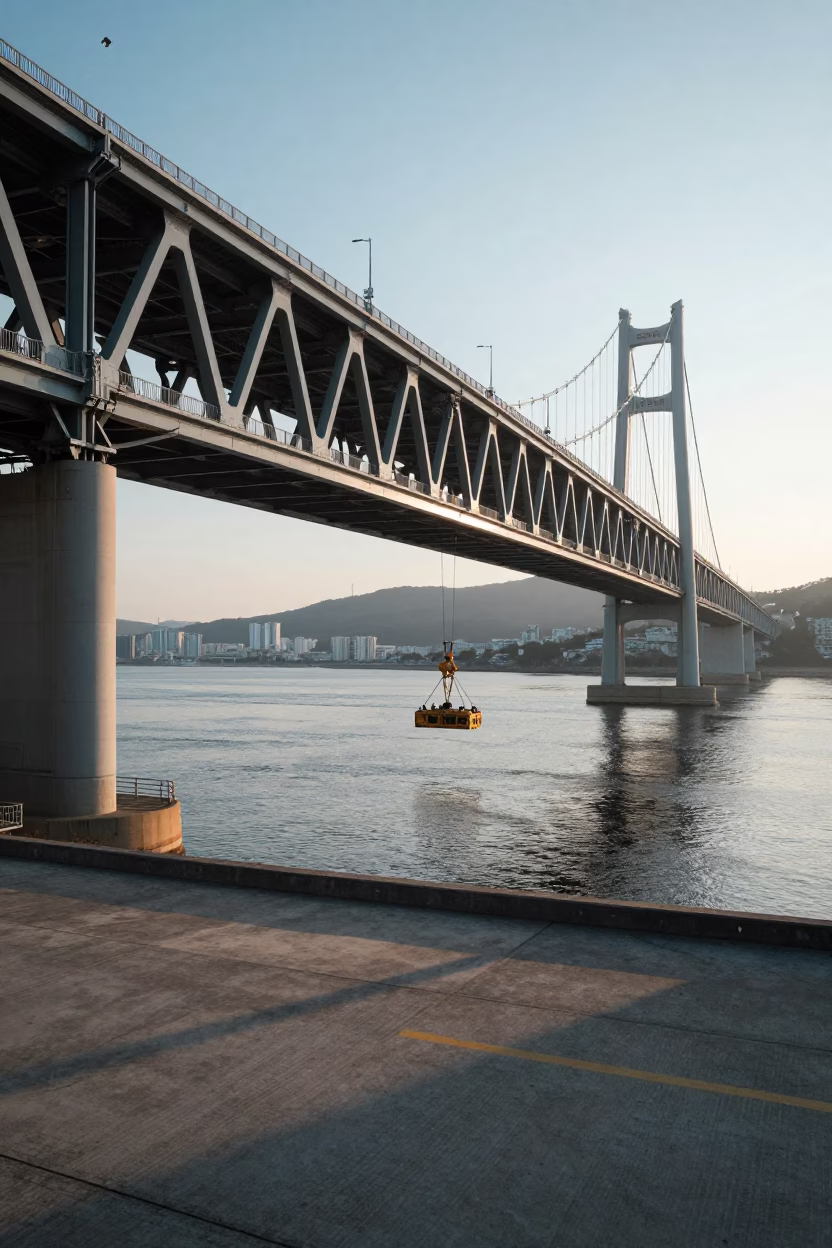 Early Morning Light on Gwangandaegyo Bridge Maintenance Crawler Over Haeundea Beach Busan South Korea in in Busan, South Korea
