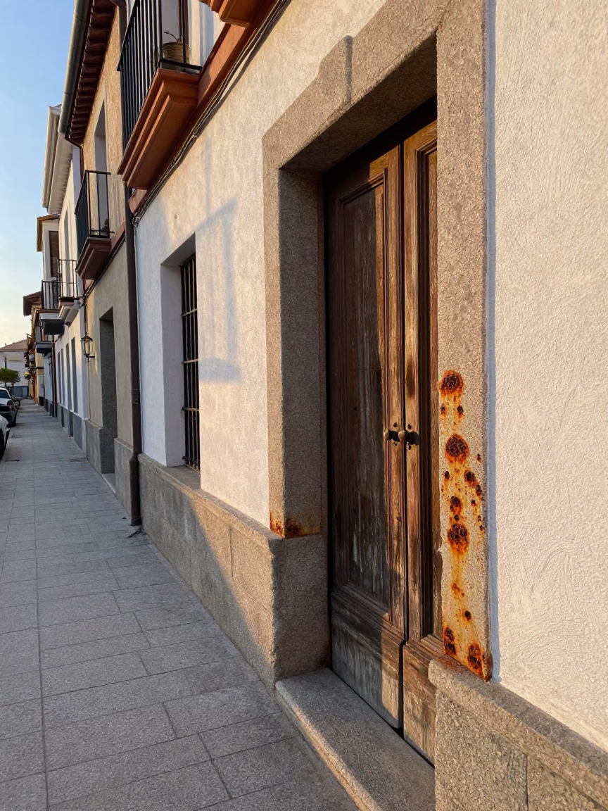 Early Morning Light on Historic Madrid Street with Rusty Doorframe and Flowering Plant in in Madrid, Spain