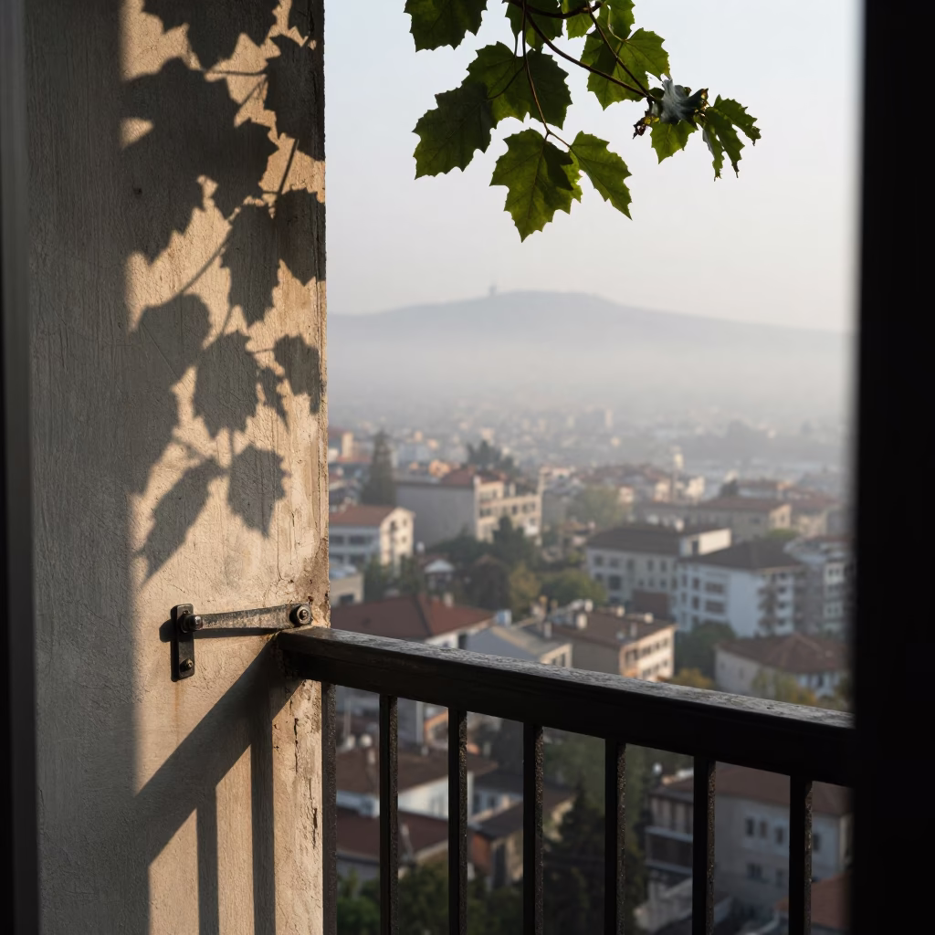 Early Morning Light on Izmir Balcony with Leaf Shadows and Luggage Tags in in Izmir, Turkey