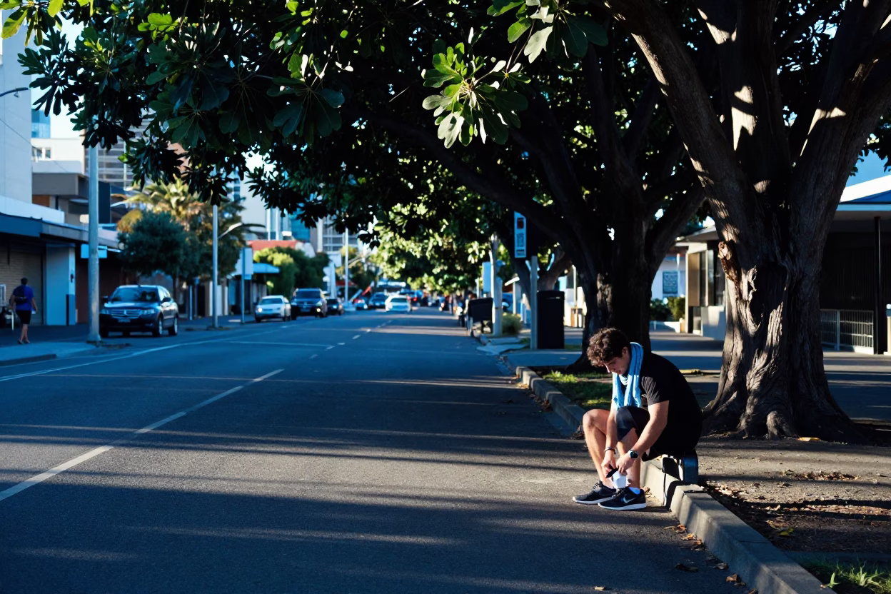 Early Morning Light on Jogger in Perth in in Perth, Western Australia, Australia