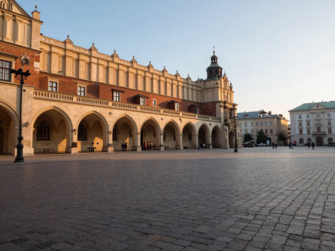 Early Morning Light on Krakow's Main Market Square Cobblestones with Historic Sukiennice in in Krakow, Poland