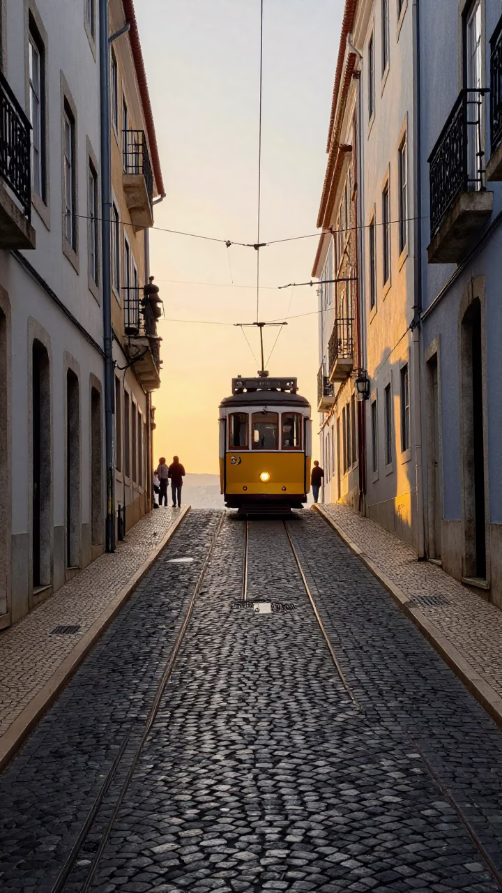 Early Morning Light on Lisbon Cobblestones with Yellow Tram and Local Bakery Bread Basket in in Lisbon, Portugal