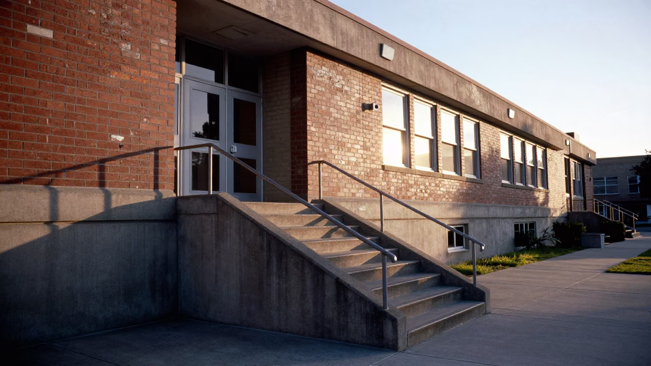 Early Morning Light on Los Angeles School Staircase Wall with Faded Championship Photos in in Los Angeles, California, United States