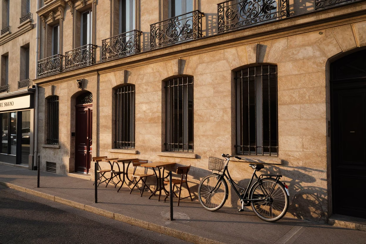 Early Morning Light on Lyon Café Terrace with Bicycle and Bread Loaves in in Lyon, France