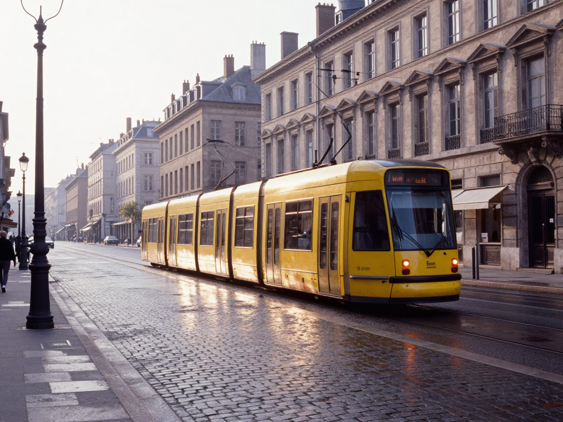 Early morning light on Lyon France street with tram and urban details in in Lyon, France