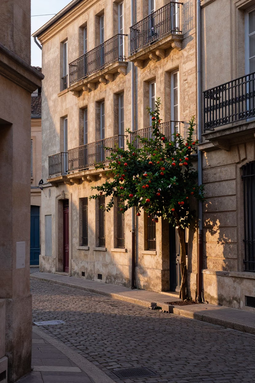 Early Morning Light on Lyon Street with Padlock and Pomegranate Tree in in Lyon, France