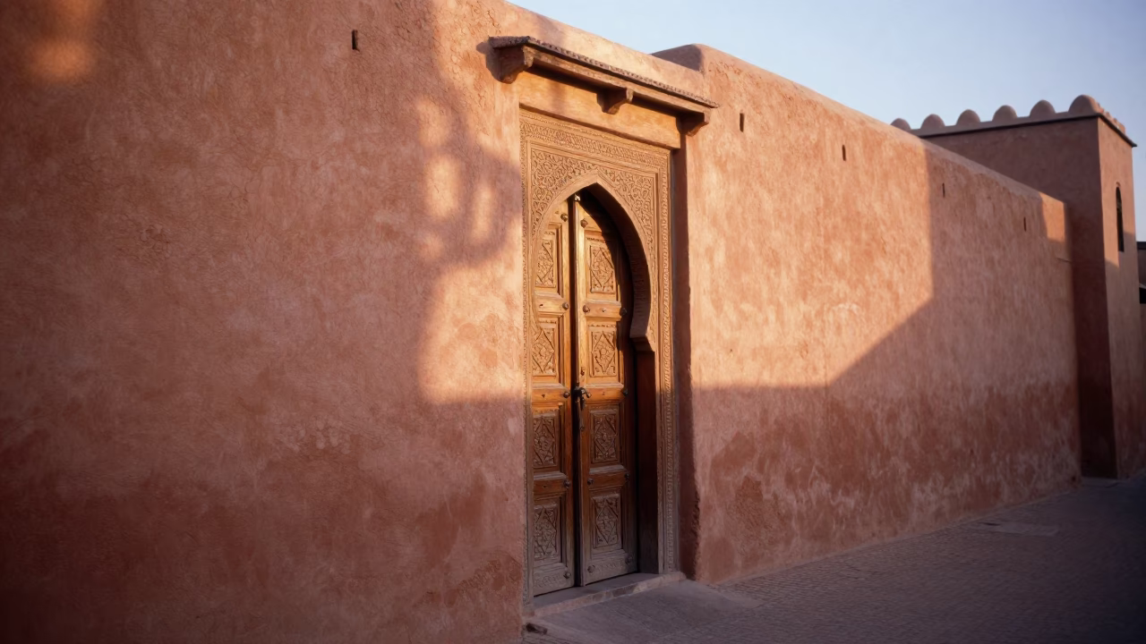 Early Morning Light on Marrakech Medina Walls and Traditional Architecture in in Marrakech, Morocco