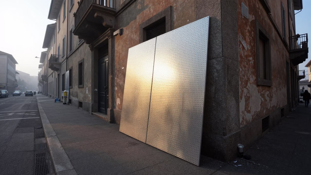 Early Morning Light on Milanese Street with Pegboard and Folding Chairs in in Milan, Italy