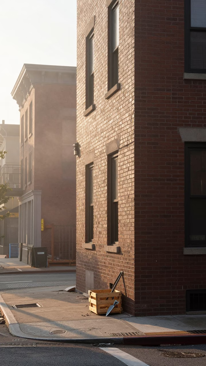 Early Morning Light on Philadelphia Street Corner with Construction Tools and Urban Details in in Philadelphia, Pennsylvania, United States