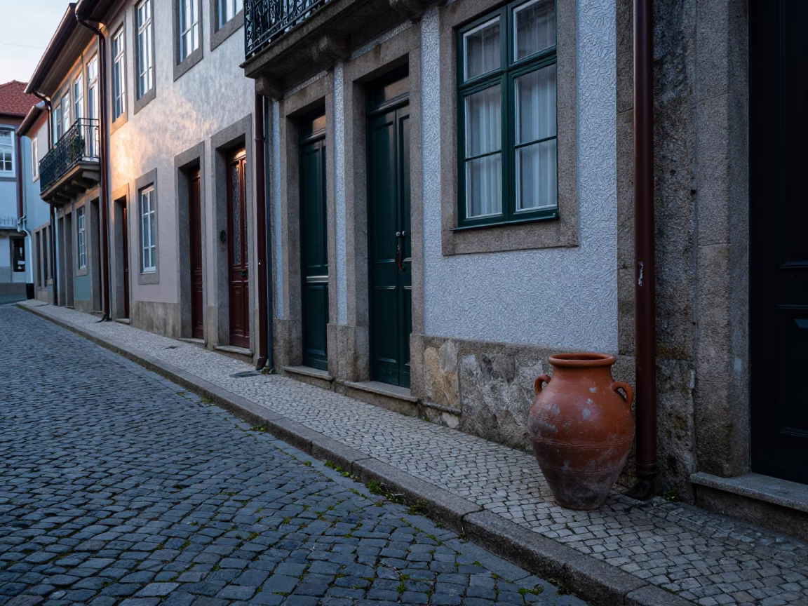 Early Morning Light on Porto Cobblestone Street with Clay Pot in in Porto, Portugal