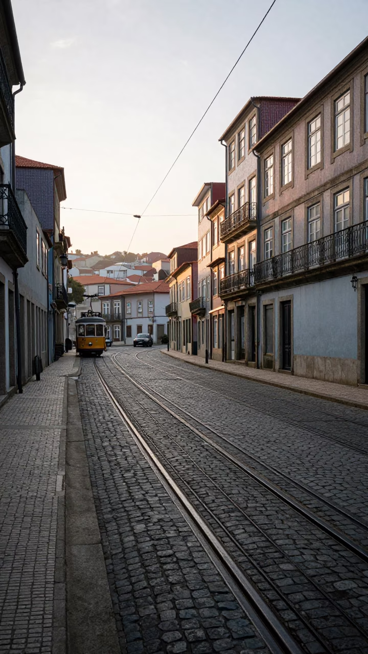 Early Morning Light on Porto Cobblestone Streets with Tram Tracks and Damp Stone Architecture in in Porto, Portugal