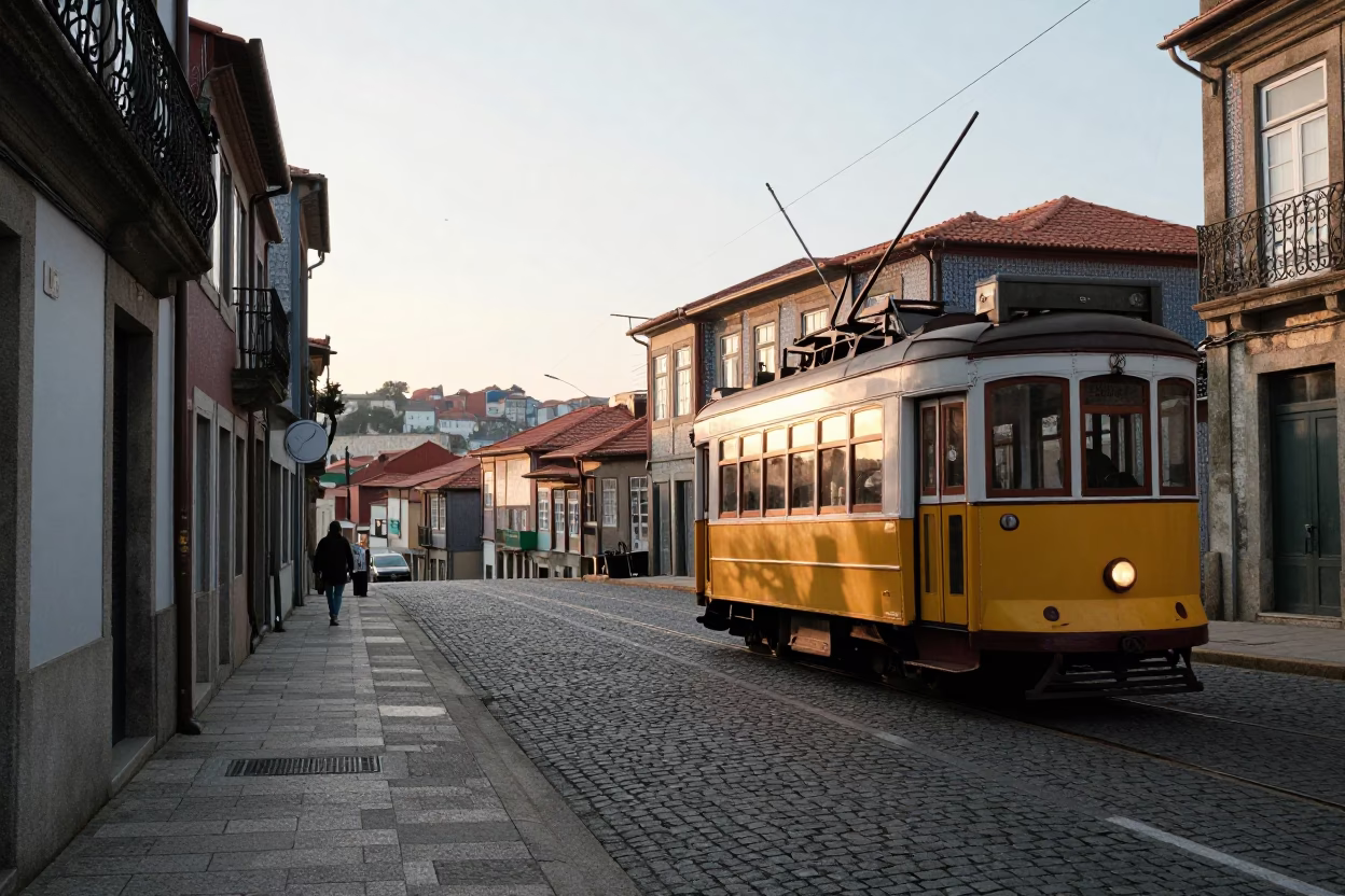 Early Morning Light on Porto Portuguese Cobblestone Street with Tram and Traditional Architecture in in Porto, Portugal