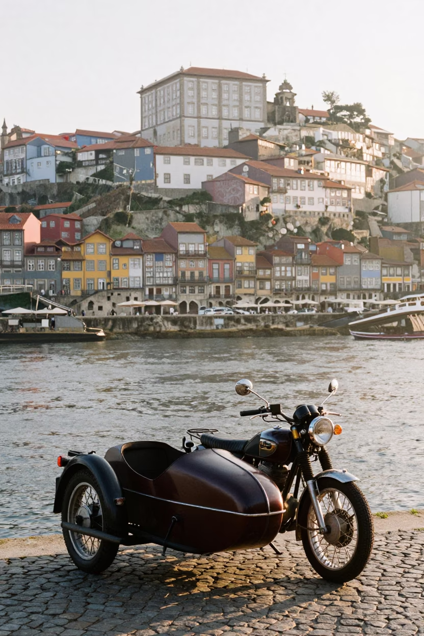 Early Morning Light on Porto Riverfront with Vintage Motorcycle and Baguettes in in Porto, Portugal