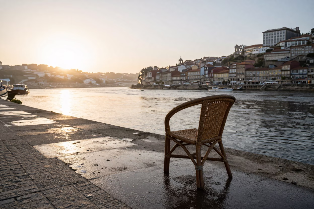 Early Morning Light on Porto Riverfront with Weathered Rattan Chair and Thermometer in in Porto, Portugal
