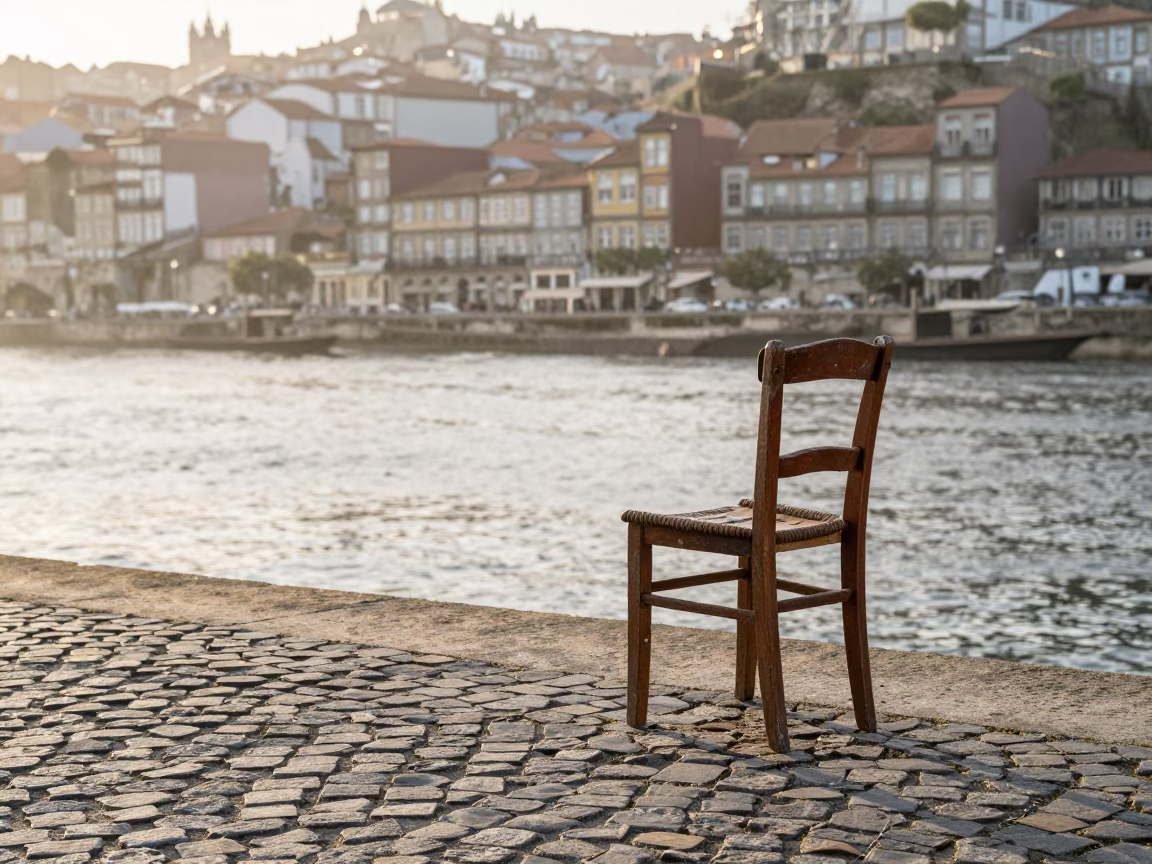 Early Morning Light on Porto Riverfront with Worn Varnish and Apples in in Porto, Portugal