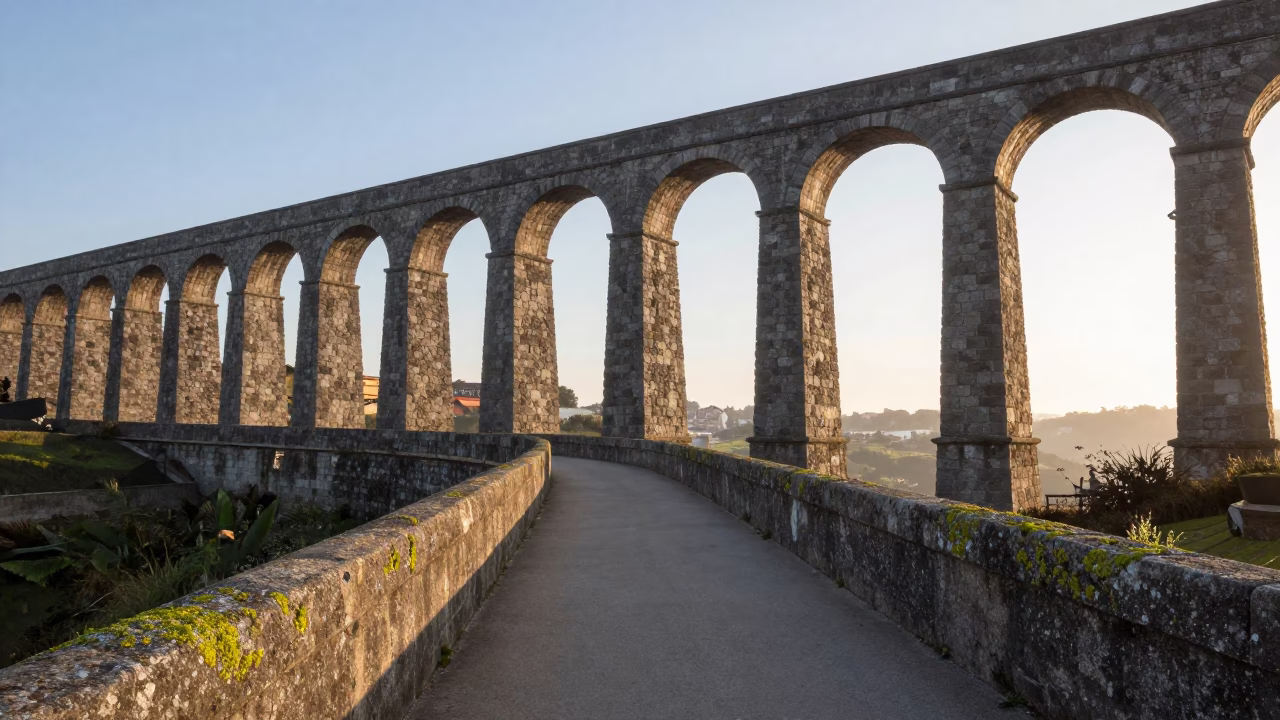 Early Morning Light on Porto's Aqueduct Maintenance Path with Lichen-Bright Parapets in in Porto, Portugal
