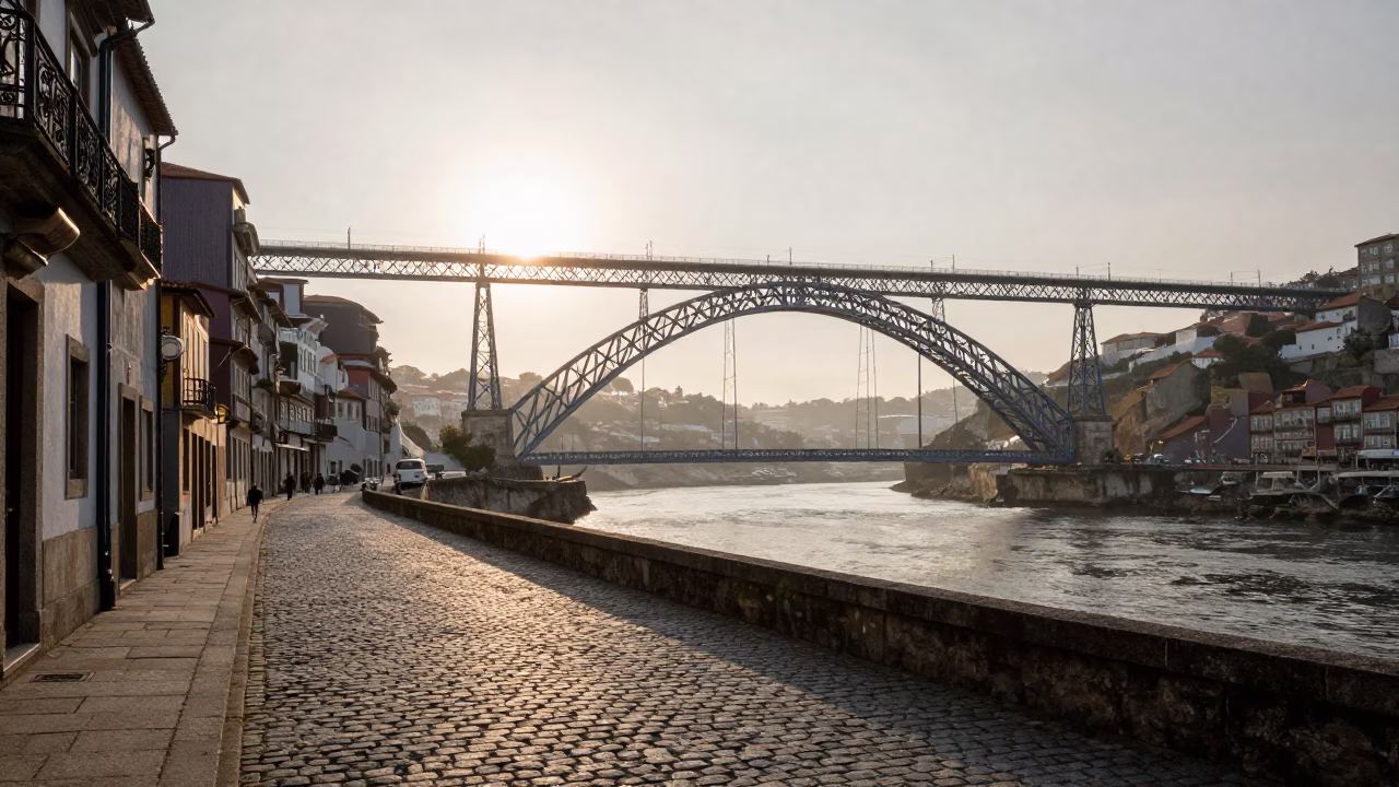 Early Morning Light on Porto Stone Bridges and Douro River Waterfront in in Porto, Portugal