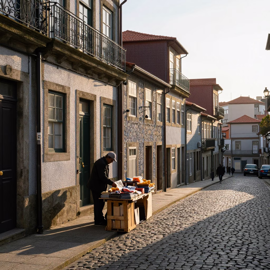 Early Morning Light on Porto Stone Facades with Storage Tins in in Porto, Portugal