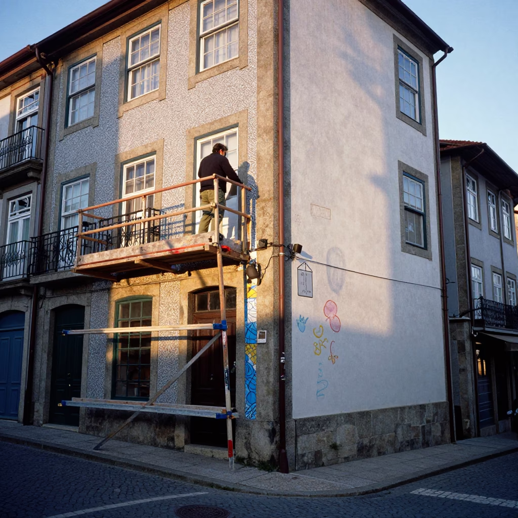 Early Morning Light on Porto Street Corner with Muralist Sample Swatches in in Porto, Portugal
